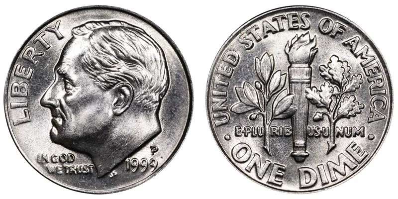 1999 Roosevelt dime obverse and reverse showing mint mark, date, and torch reverse