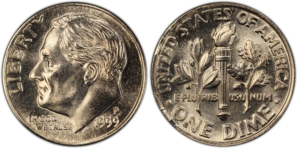 Side-by-side comparison of 1999 Roosevelt dime torch bands showing common partial bands versus rare Full Bands designation