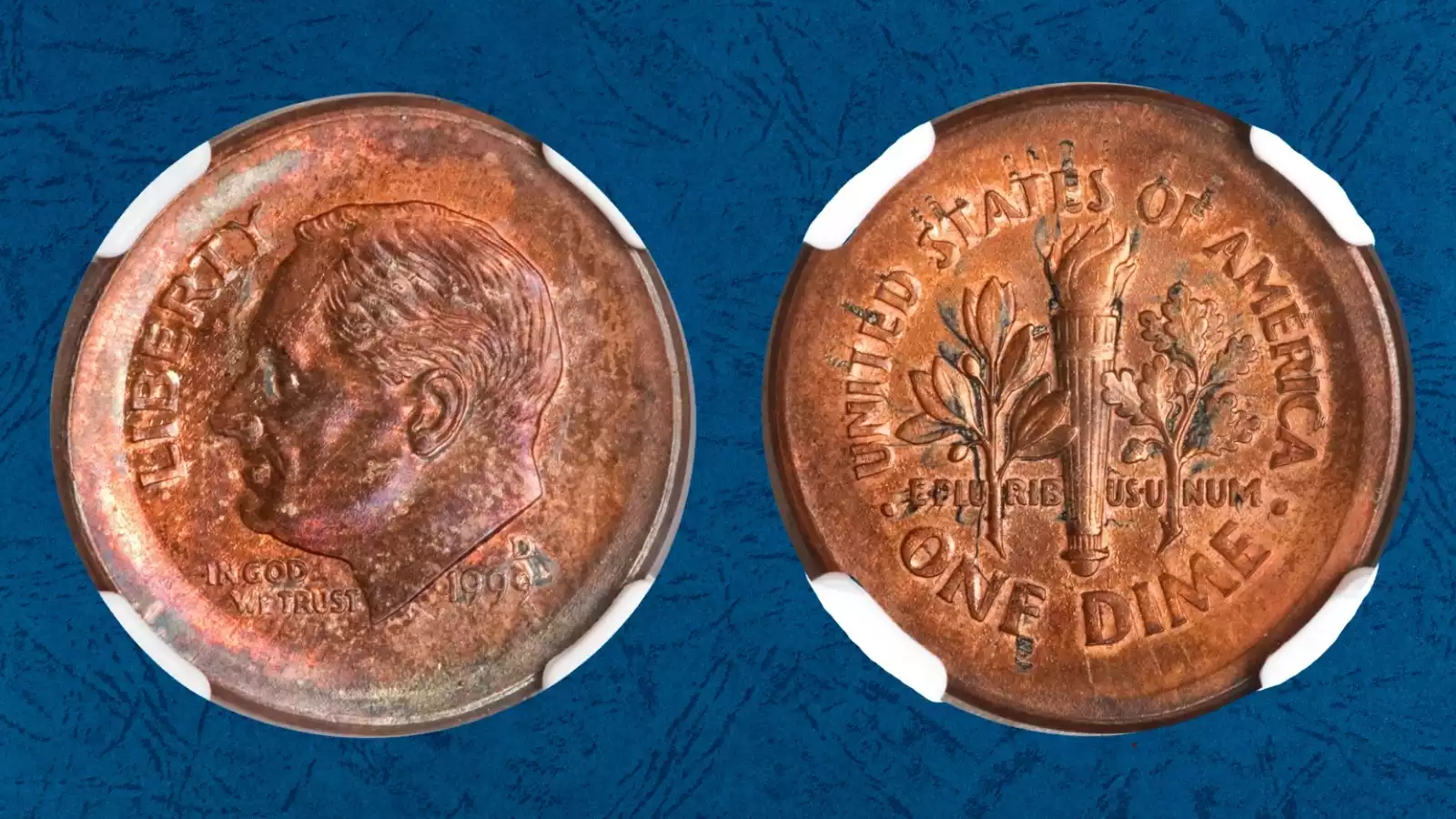 1999-D Roosevelt dime struck on a Lincoln cent planchet showing copper color and larger diameter error