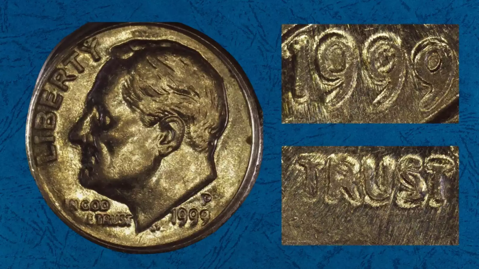 1999 Roosevelt dime Doubled Die Obverse showing doubling on date numerals and LIBERTY inscription