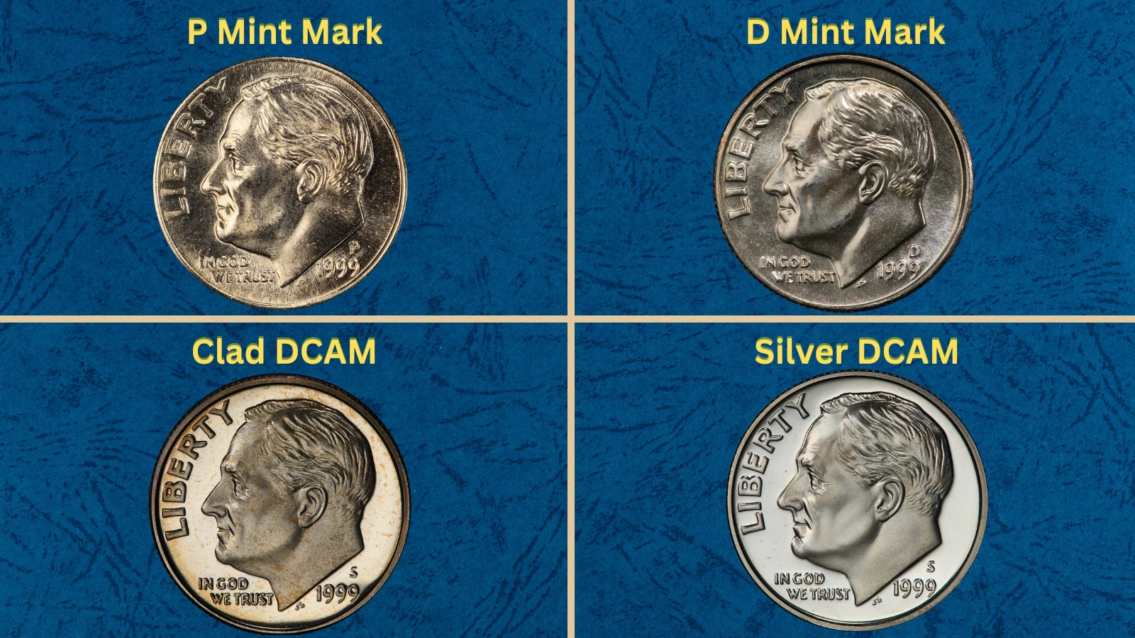 Collection of 1999 Roosevelt dimes from Philadelphia, Denver, and San Francisco mints displayed together showing variety