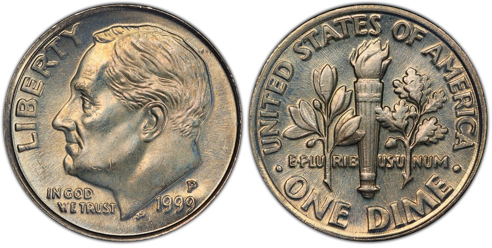 1999 Roosevelt dime grading strip showing four condition tiers from worn to gem uncirculated side by side